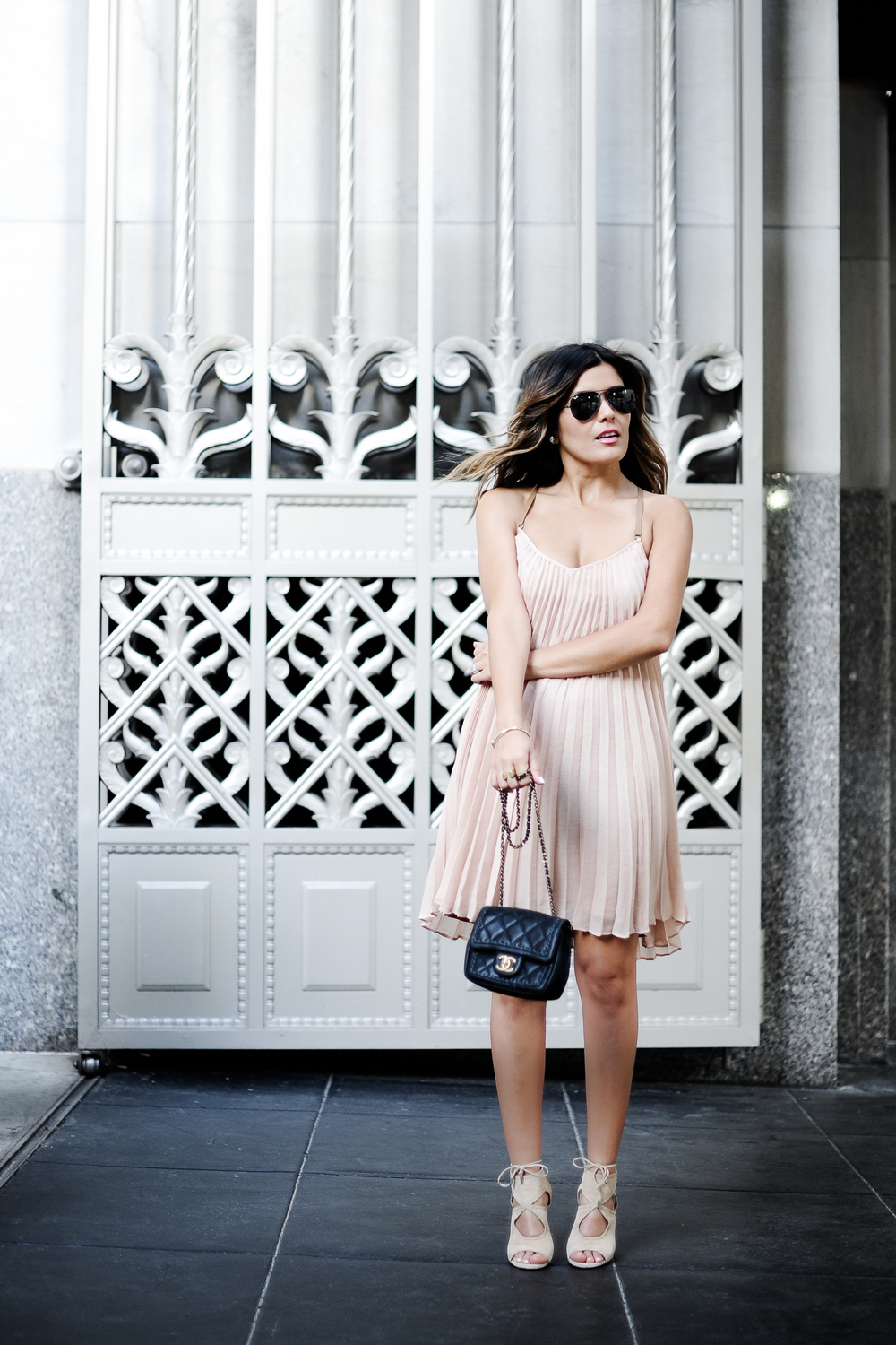 pleated dress with chanel purse