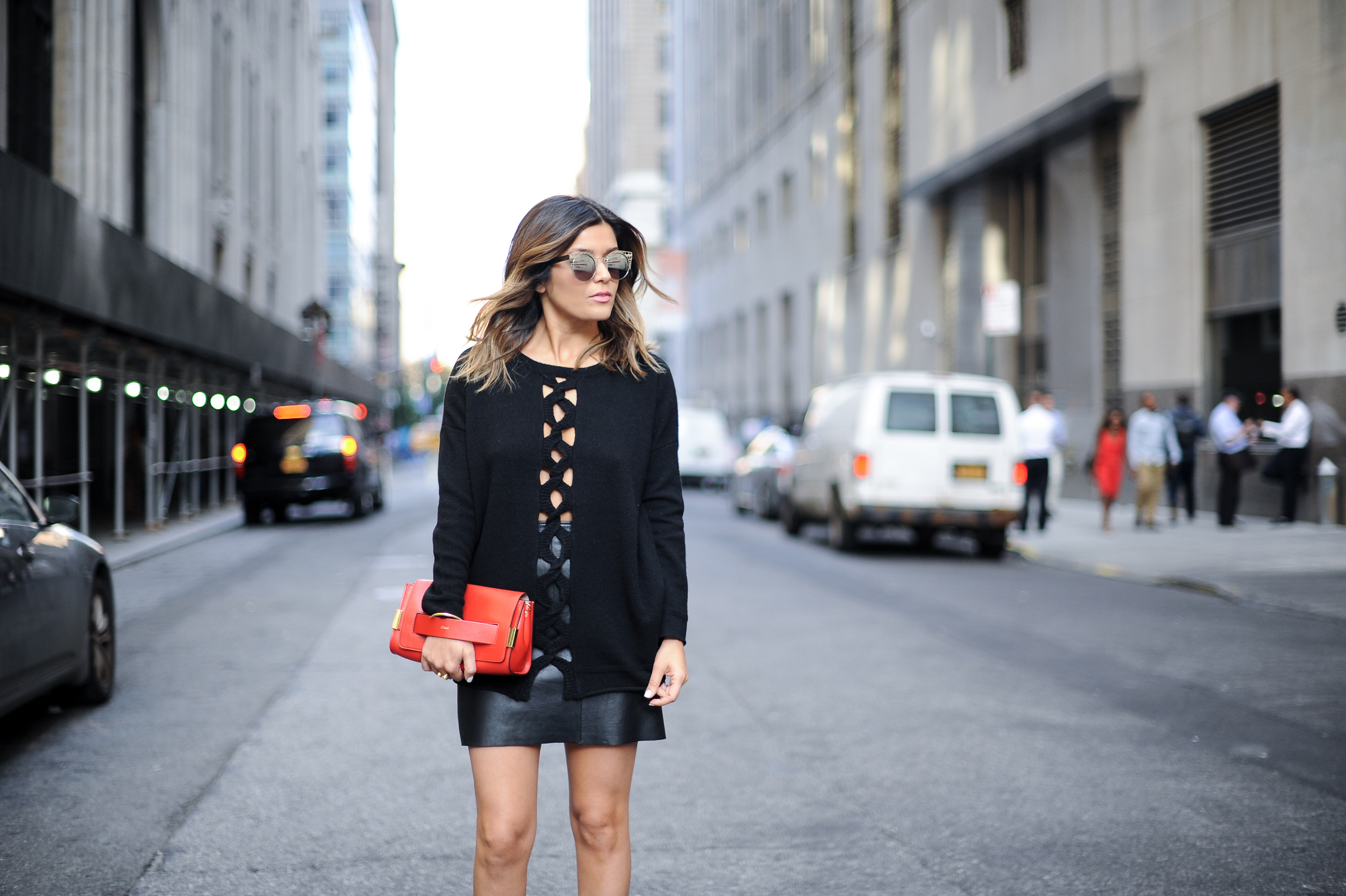 Leather skirt and red chloe bag