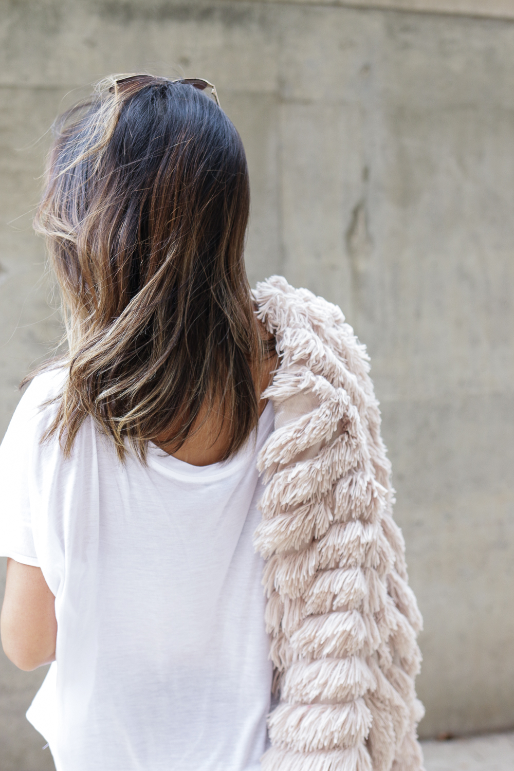 White Tee and Blush Faux Fur Coat