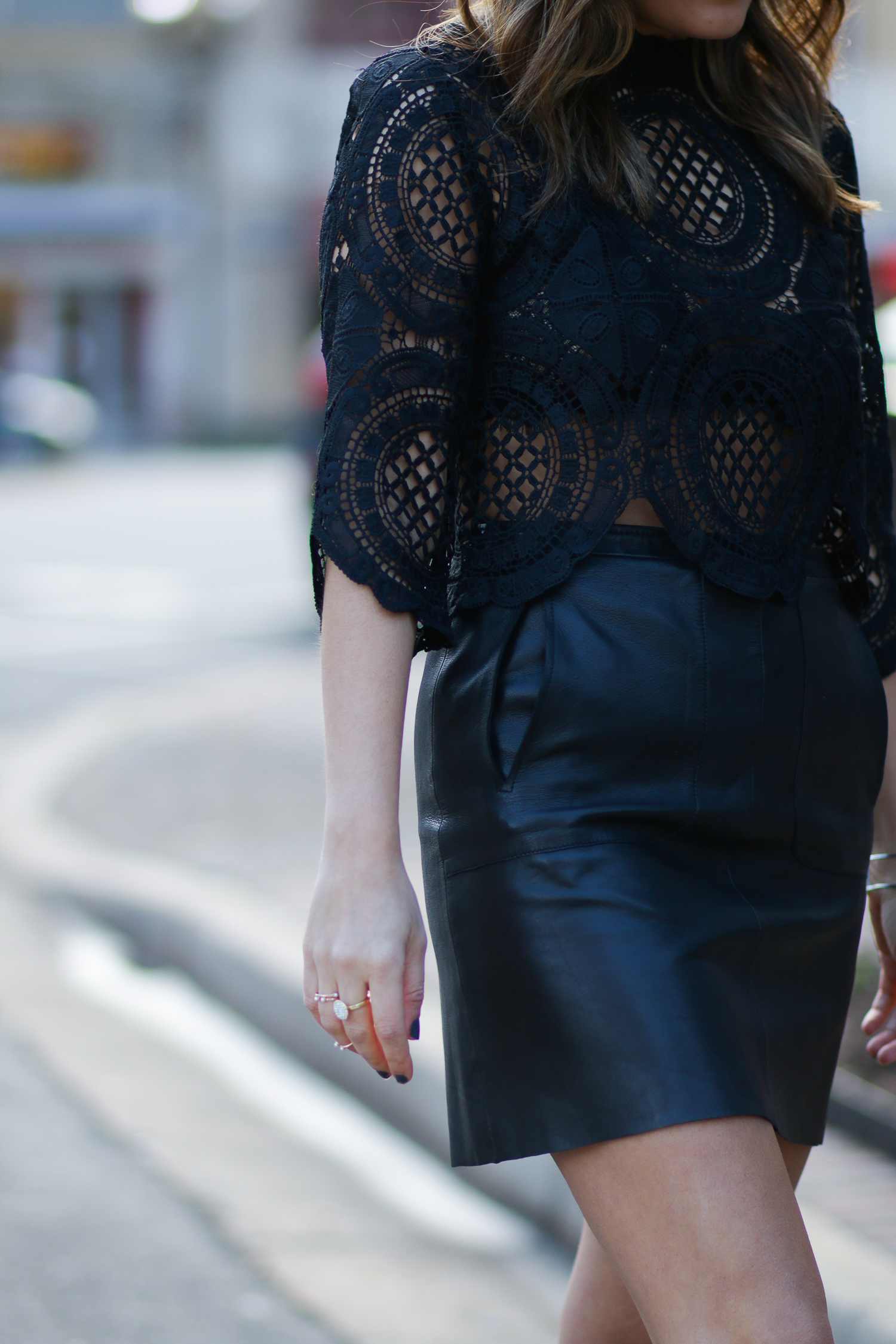 Black Lace Top paired with Leather Skirt 