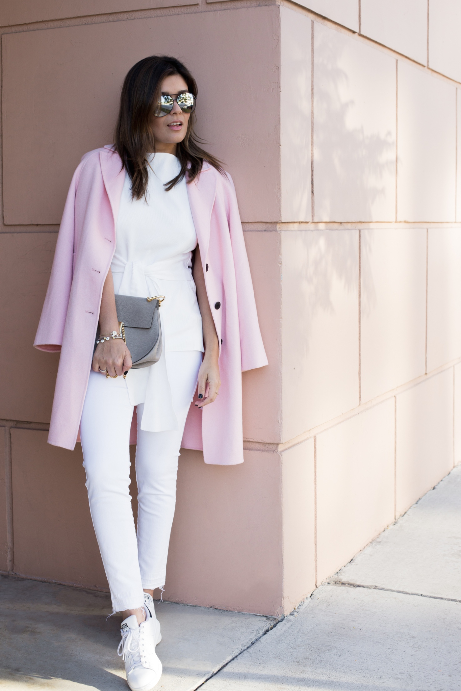 Pink Zara Coat Outfit with White Sneakers 