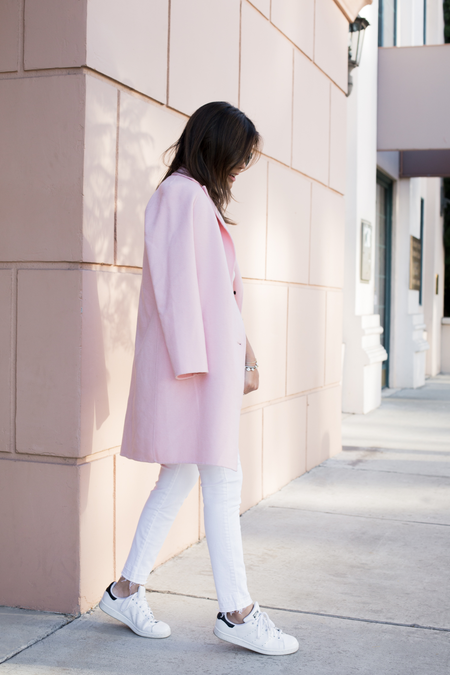 Pink Zara Coat with White Jeans and White Sneakers 
