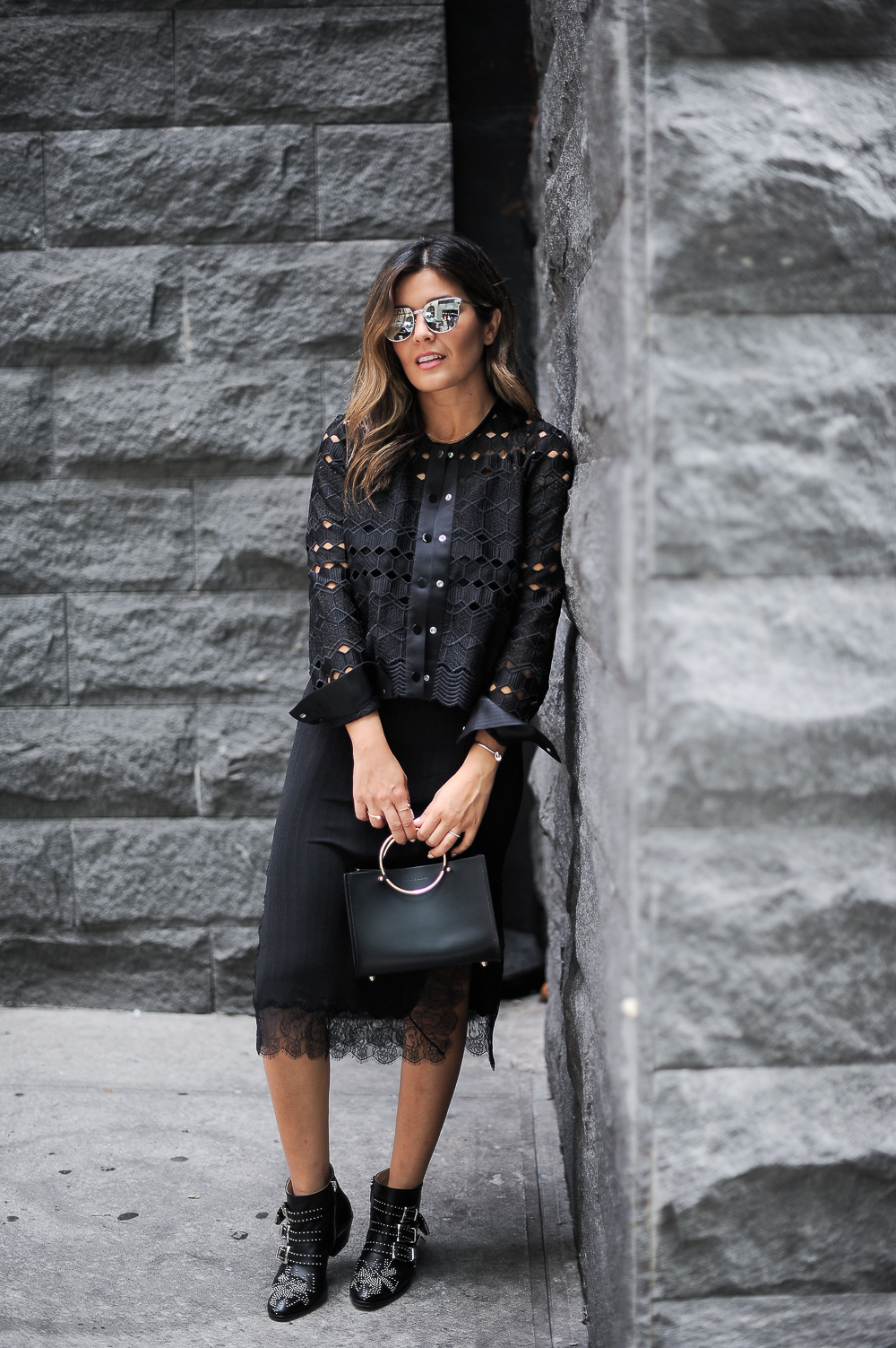 Style MBA Wears Chloe Boots, Sandro Jacket, and Le Specs Sunglasses 