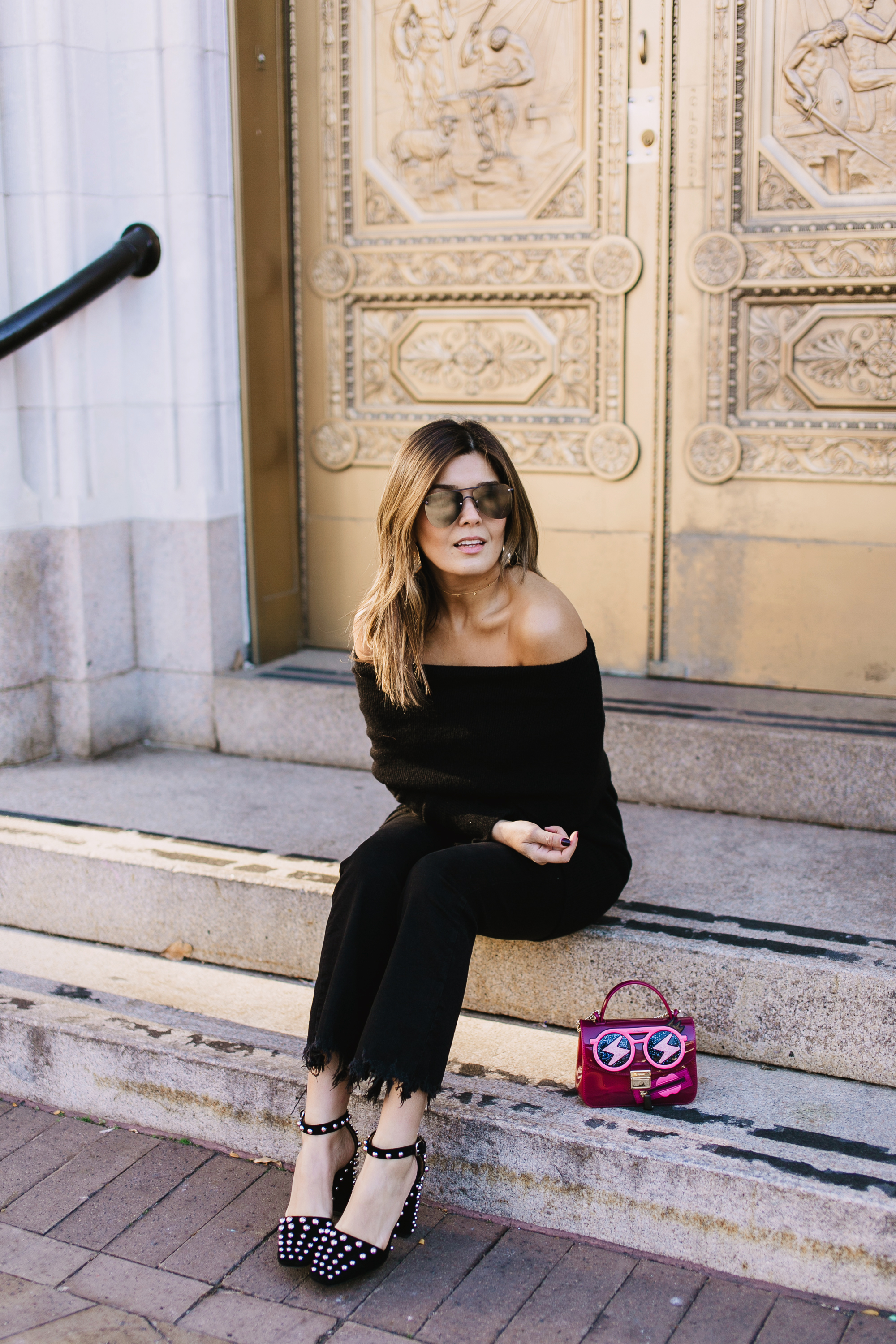 Blogger Sara Azani of Style MBA wears Alexander Wang Elise studded suede heels, KENDALL + KYLIE Fuzzy Knit Tunic, Gorjana 5 Disc Choker Necklace, Le Specs "The Prince" Sunglasses.