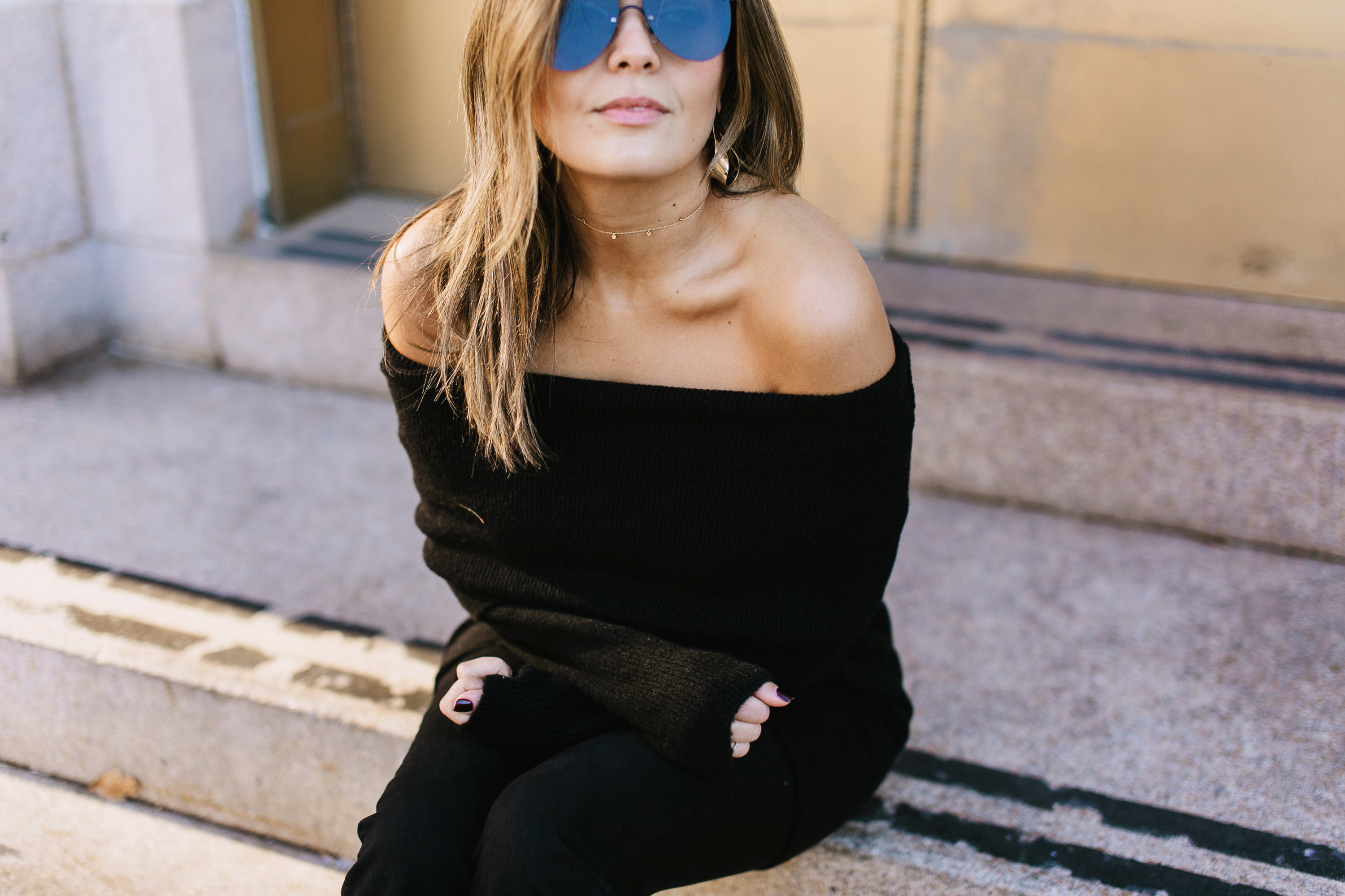 Blogger Sara Azani of Style MBA wears Alexander Wang Elise studded suede heels, KENDALL + KYLIE Fuzzy Knit Tunic, Gorjana 5 Disc Choker Necklace, Le Specs "The Prince" Sunglasses.